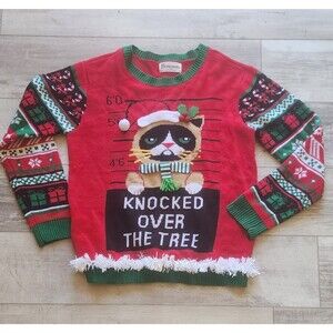 No Boundaries Juniors XL 16-18 Ugly Christmas Sweater Grumpy Cat Mugshot
